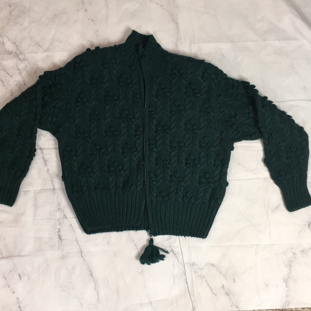 DESIGN OPTIONS NWOT THICK Wool zip UP FOREST GREEN knit sweater
